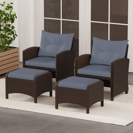 Set of 2 Grey Rattan Garden Pouf Stools with Cushions