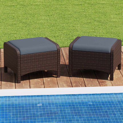 Set of 2 Grey Rattan Garden Pouf Stools with Cushions