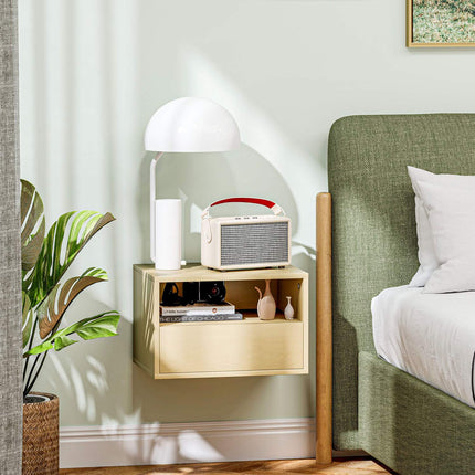 Floating bedside table - natural wood, drawer, shelf