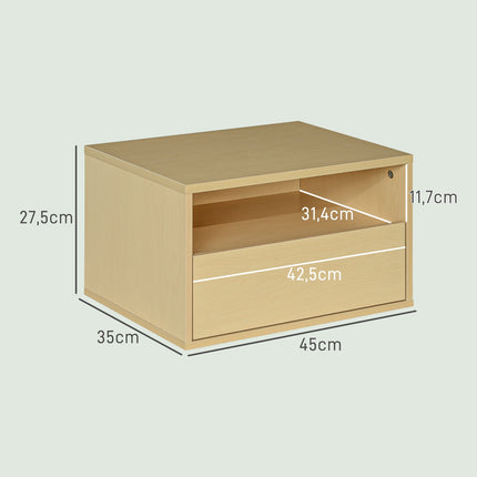 Floating bedside table - natural wood, drawer, shelf