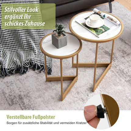 Set of 2 Marble Look Coffee Tables with Gold Metal Legs Modern Side Table