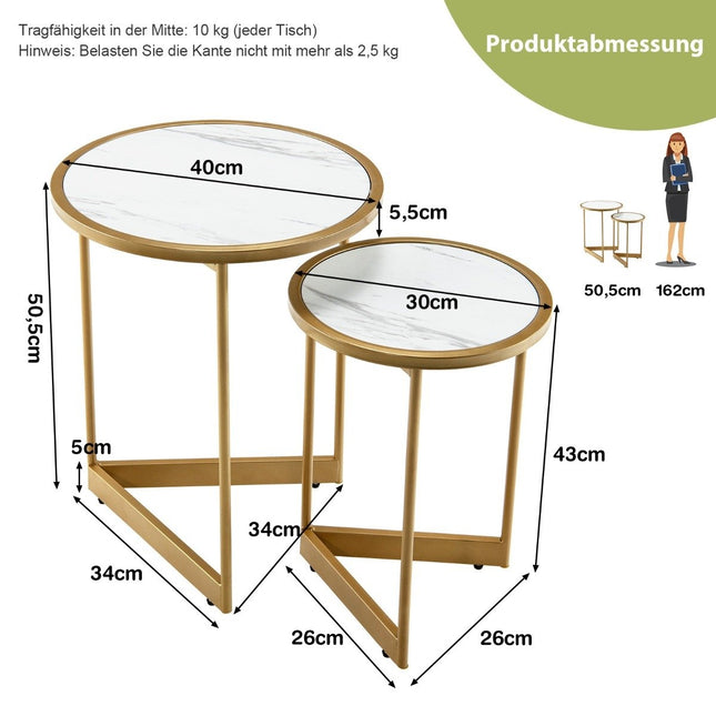 Set of 2 Marble Look Coffee Tables with Gold Metal Legs Modern Side Table