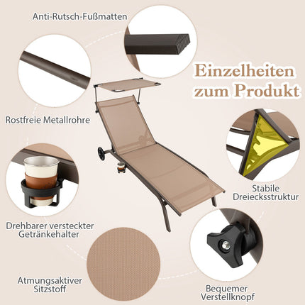 Set of 2 Metal Patio Loungers with Canopy & Wheels