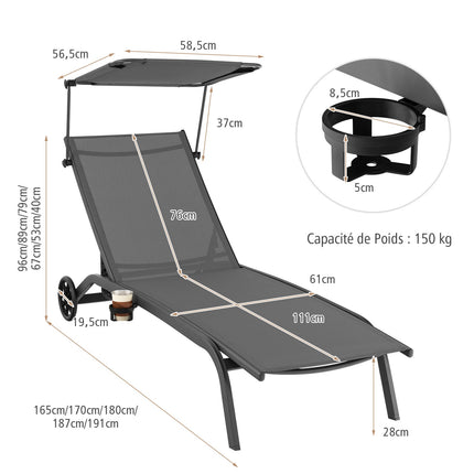 Set of 2 Reclining Sun Loungers with Canopy & Wheels