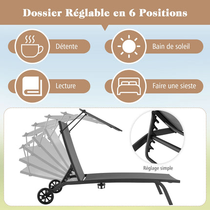 Set of 2 Reclining Sun Loungers with Canopy & Wheels