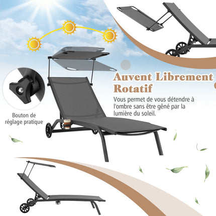 Set of 2 Reclining Sun Loungers with Canopy & Wheels