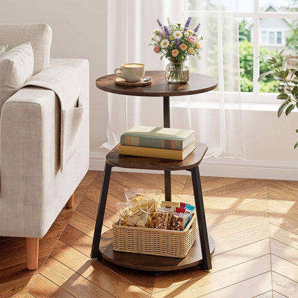 Set of 2 Round 3-Tier Side Tables, Brown Wood, Metal Frame