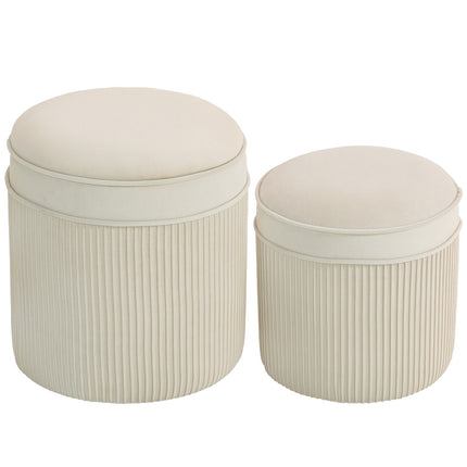 Set of 2 Storage Ottomans, Round Velvet, Cream, 36x36x41.5 cm