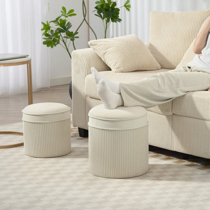 Set of 2 Storage Ottomans, Round Velvet, Cream, 36x36x41.5 cm