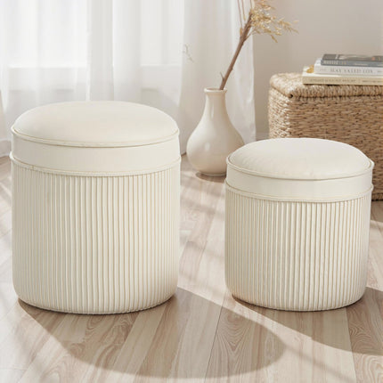 Set of 2 Storage Ottomans, Round Velvet, Cream, 36x36x41.5 cm