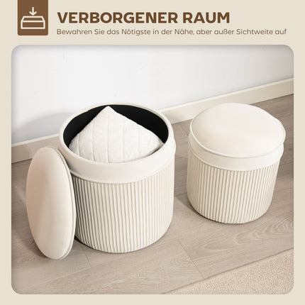 Set of 2 Storage Ottomans, Round Velvet, Cream, 36x36x41.5 cm