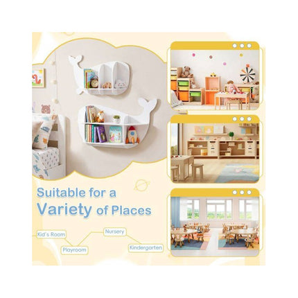 Set of 2 Whale Wall Shelves for Kids with Compartments, White, MDF