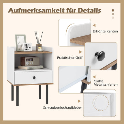 Set of 2 White Nightstands with Drawer & Open Shelf
