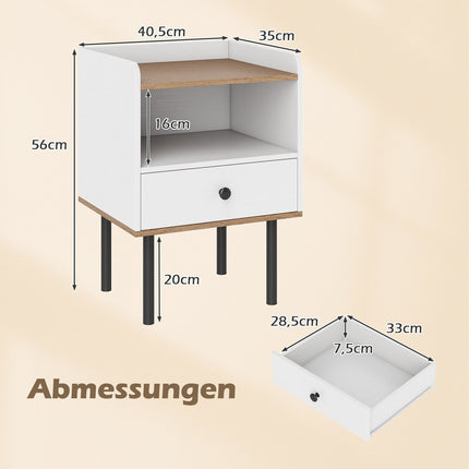 Set of 2 White Nightstands with Drawer & Open Shelf