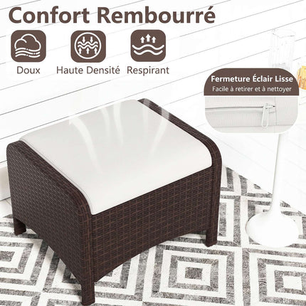 Set of 2 White Rattan Pouf Stools with Cushions