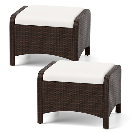 Set of 2 White Rattan Pouf Stools with Cushions