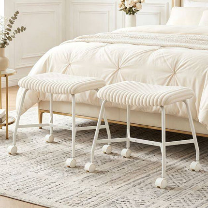 Set of 2 White Upholstered Rolling Stools with Casters