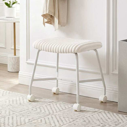 Set of 2 White Upholstered Rolling Stools with Casters