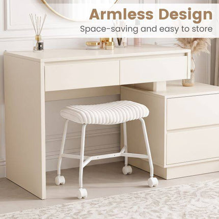Set of 2 White Upholstered Rolling Stools with Casters