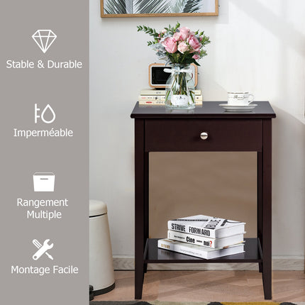 Set of 2 Wooden Bedside Tables, Drawer Shelf, Brown