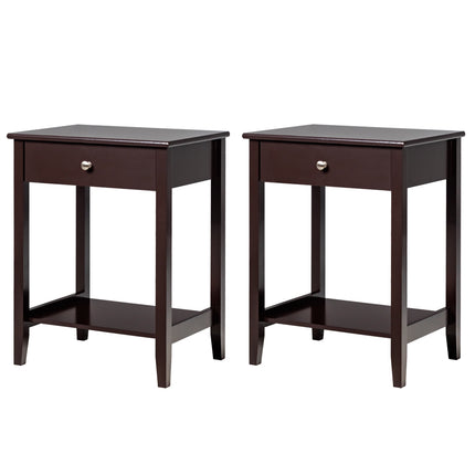 Set of 2 Wooden Bedside Tables, Drawer Shelf, Brown