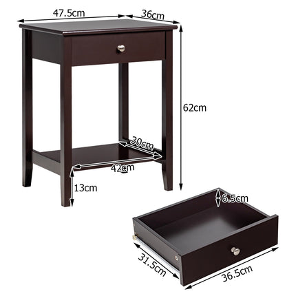 Set of 2 Wooden Bedside Tables, Drawer Shelf, Brown