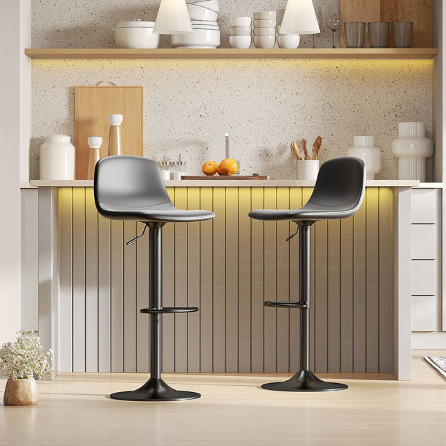 Set van 2 barkrukken, barkrukken met kunstlederen bekleding, draaibaar, met rugleuning en voetensteun, metalen onderstel, zwart