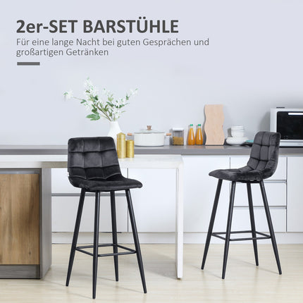 Black Velvet Bar Stool Set with footrest, steel legs - 42x47x105cm