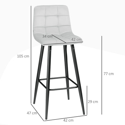 Velvet bench stool with footrest, set of 2 - light grey