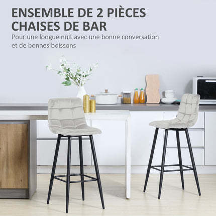 Velvet bench stool with footrest, set of 2 - light grey