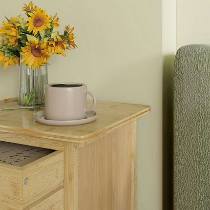 Set of 2 bedside tables with drawer and shelf, natural finish