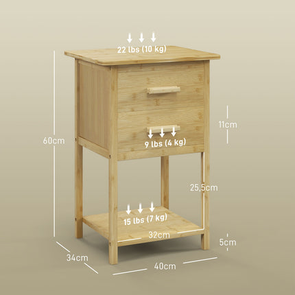 Set of 2 bedside tables with drawer and shelf, natural finish
