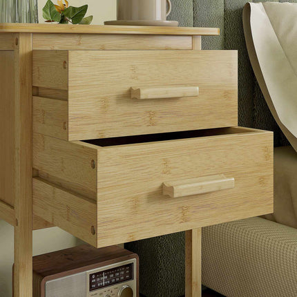 Set of 2 bedside tables with drawer and shelf, natural finish