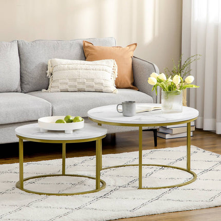 Round coffee table in marble look, set of 2, Steel in gold
