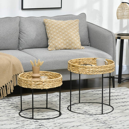 Boho Nesting Coffee Tables – Water Hyacinth & Steel Set
