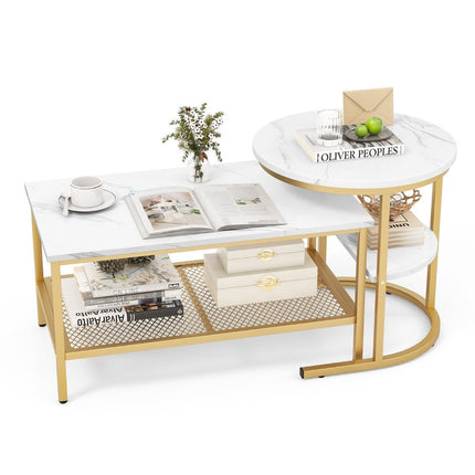 Set of 2 coffee tables, side tables, marble look with metal frame and shelf in gold and white