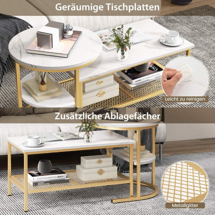 Set of 2 coffee tables, side tables, marble look with metal frame and shelf in gold and white