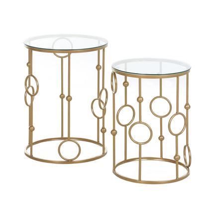 Set of 2 coffee tables, side tables with glass tops, living room tables with hoop and ball design Ø41 x 57 cm, gold