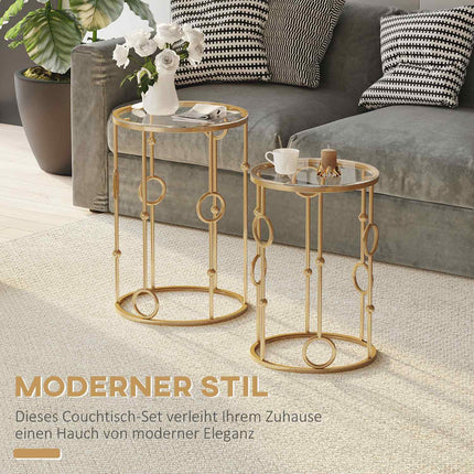 Set of 2 coffee tables, side tables with glass tops, living room tables with hoop and ball design Ø41 x 57 cm, gold