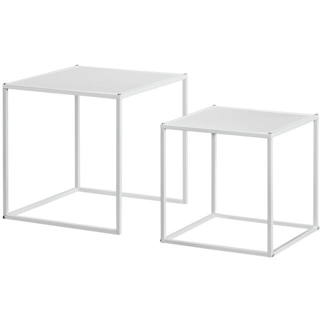 Modern white square coffee table with steel frame, set of 2