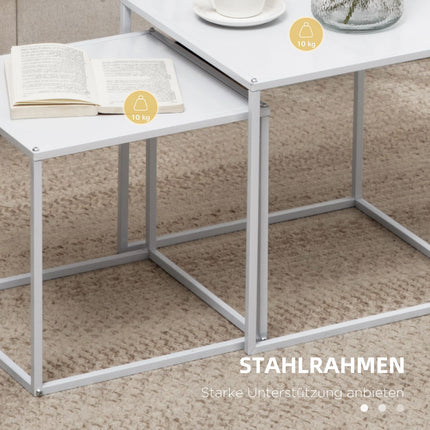 Modern white square coffee table with steel frame, set of 2