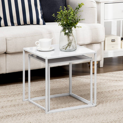 Modern white square coffee table with steel frame, set of 2