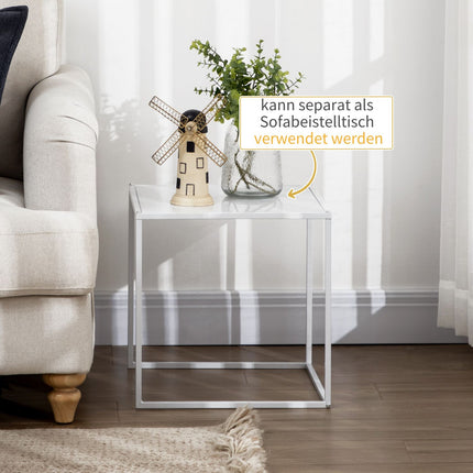 Modern white square coffee table with steel frame, set of 2