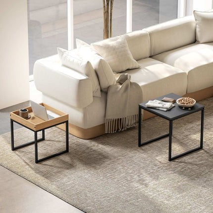 Square coffee tables, steel frame, black and oak, set of 2