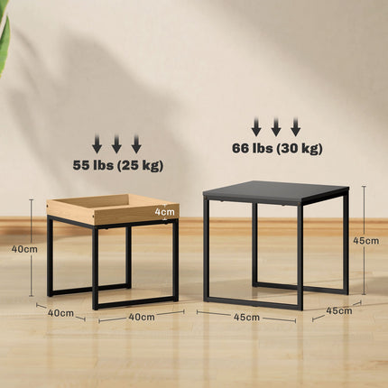 Square coffee tables, steel frame, black and oak, set of 2