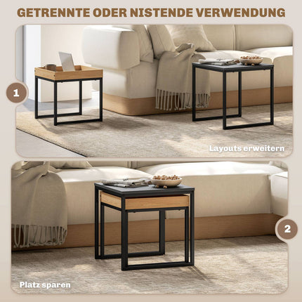 Square coffee tables, steel frame, black and oak, set of 2