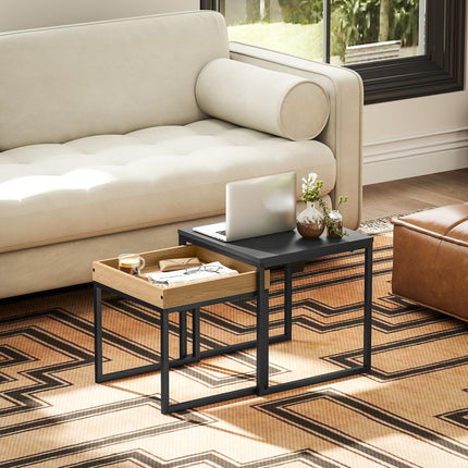 Square coffee tables, steel frame, black and oak, set of 2