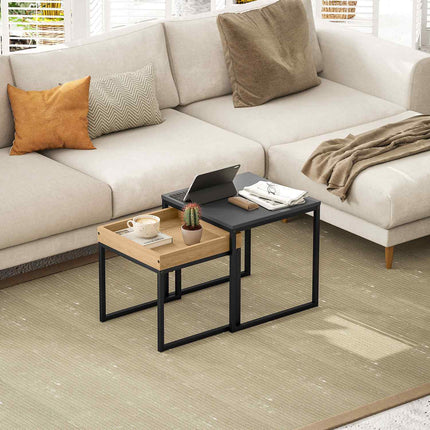 Square coffee tables, steel frame, black and oak, set of 2