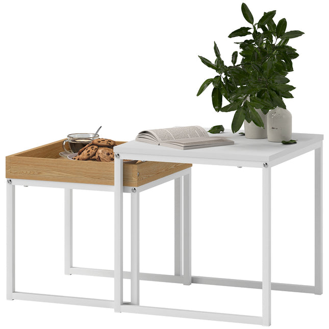 Square Coffee Table Set - White & Oak, Steel Frame, 30 kg Capacity