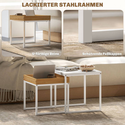 Square Coffee Table Set - White & Oak, Steel Frame, 30 kg Capacity